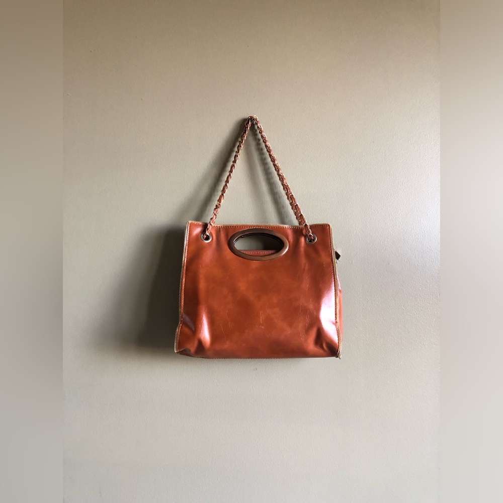Cognac Brown Shoulder Bag Tote Cutout Top Handle Braided Chain Strap Medium